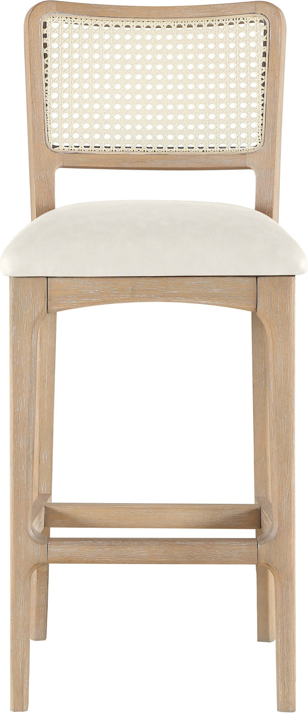 Meridian Furniture Atrium Art Deco Cane Back Bar Stool with Vegan Leather Seat and Cerused Wood Frame Cream Counter Height 77092Cream-C