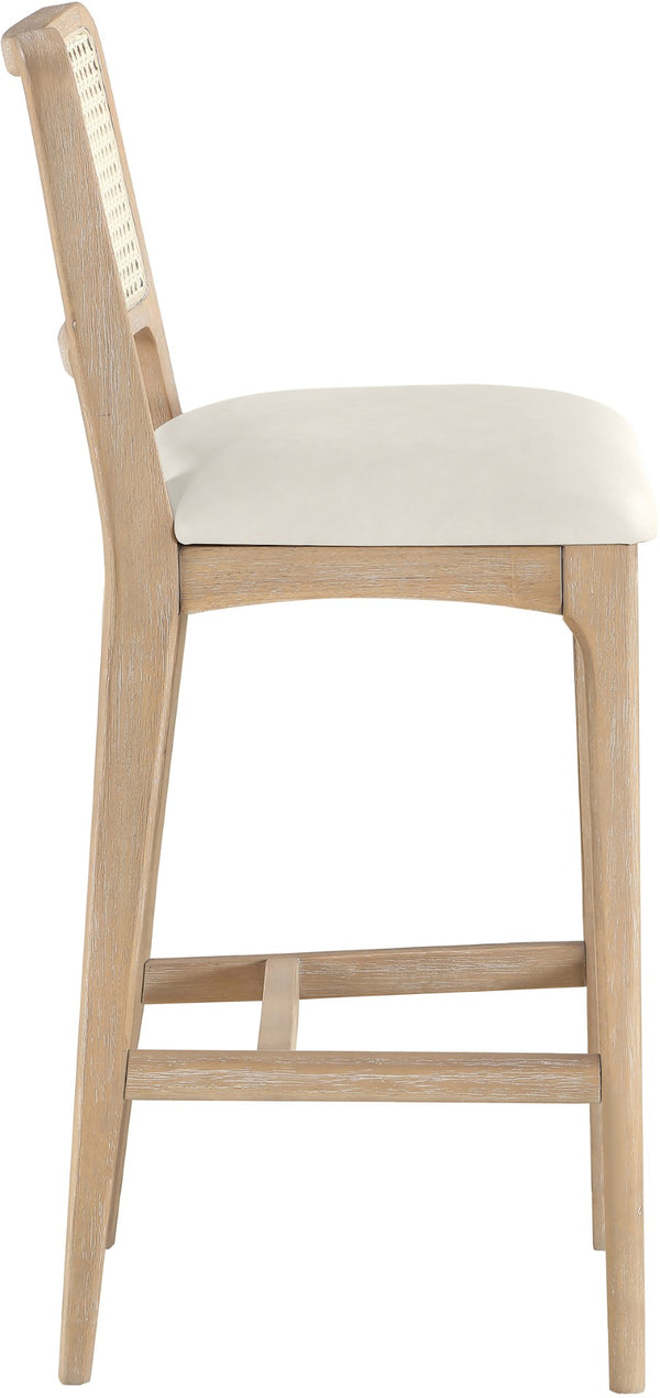 Meridian Furniture Atrium Art Deco Cane Back Bar Stool with Vegan Leather Seat and Cerused Wood Frame Cream Counter Height 77092Cream-C