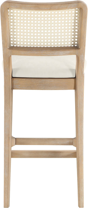Meridian Furniture Atrium Art Deco Cane Back Bar Stool with Vegan Leather Seat and Cerused Wood Frame Cream Counter Height 77092Cream-C