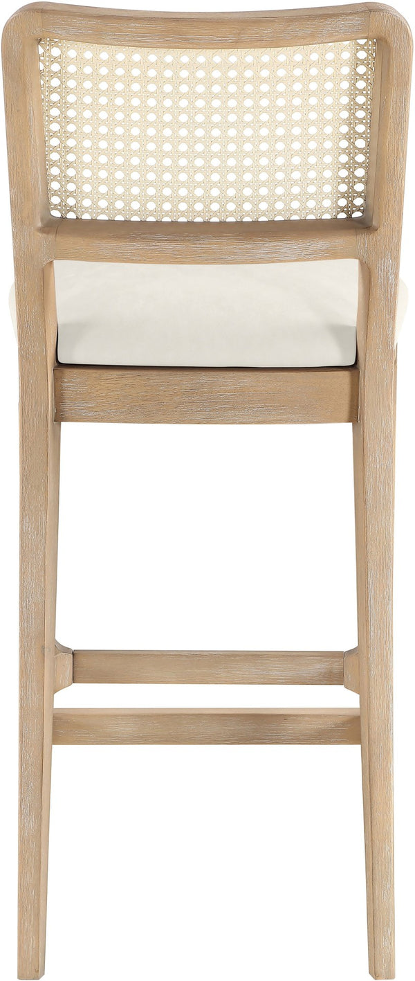 Meridian Furniture Atrium Art Deco Cane Back Bar Stool with Vegan Leather Seat and Cerused Wood Frame Cream Counter Height 77092Cream-C