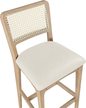 Meridian Furniture Atrium Art Deco Cane Back Bar Stool with Vegan Leather Seat and Cerused Wood Frame Cream Counter Height 77092Cream-C