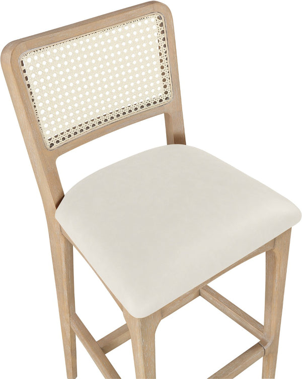 Meridian Furniture Atrium Art Deco Cane Back Bar Stool with Vegan Leather Seat and Cerused Wood Frame Cream Counter Height 77092Cream-C