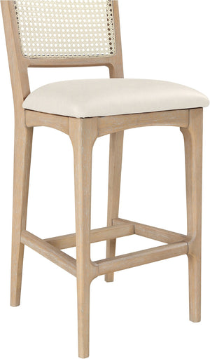 Meridian Furniture Atrium Art Deco Cane Back Bar Stool with Vegan Leather Seat and Cerused Wood Frame Cream Counter Height 77092Cream-C