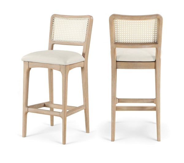 Meridian Furniture Atrium Art Deco Cane Back Bar Stool with Vegan Leather Seat and Cerused Wood Frame Cream Counter Height 77092Cream-C