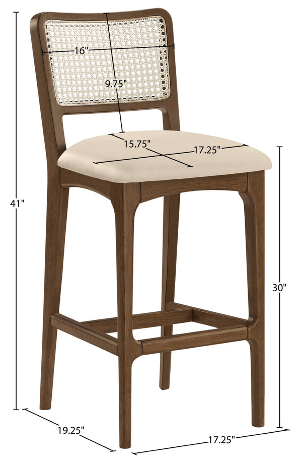 Meridian Furniture Atrium Art Deco Cane Back Bar Stool with Vegan Leather Seat and Cerused Wood Frame Beige Bar Height 77093Beige-C