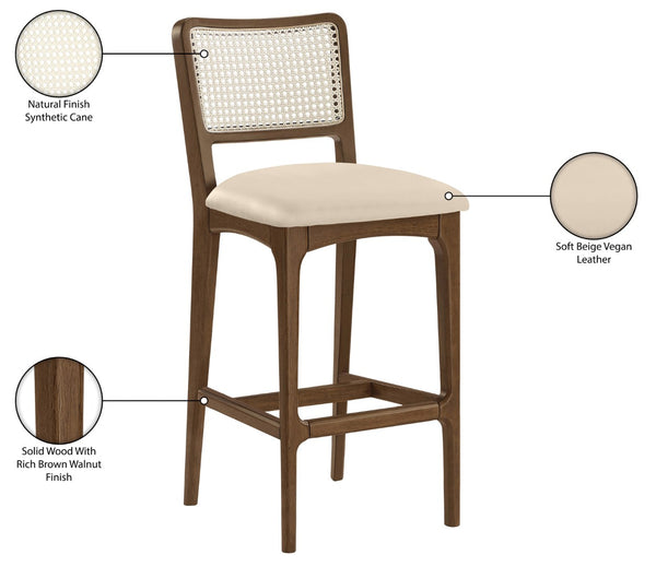 Meridian Furniture Atrium Art Deco Cane Back Bar Stool with Vegan Leather Seat and Cerused Wood Frame Beige Bar Height 77093Beige-C
