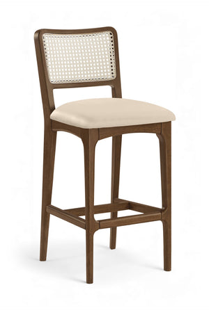 Meridian Furniture Atrium Art Deco Cane Back Bar Stool with Vegan Leather Seat and Cerused Wood Frame Beige Bar Height 77093Beige-C