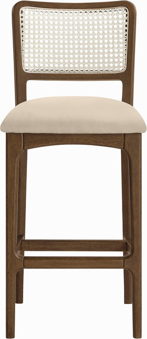 Meridian Furniture Atrium Art Deco Cane Back Bar Stool with Vegan Leather Seat and Cerused Wood Frame Beige Bar Height 77093Beige-C