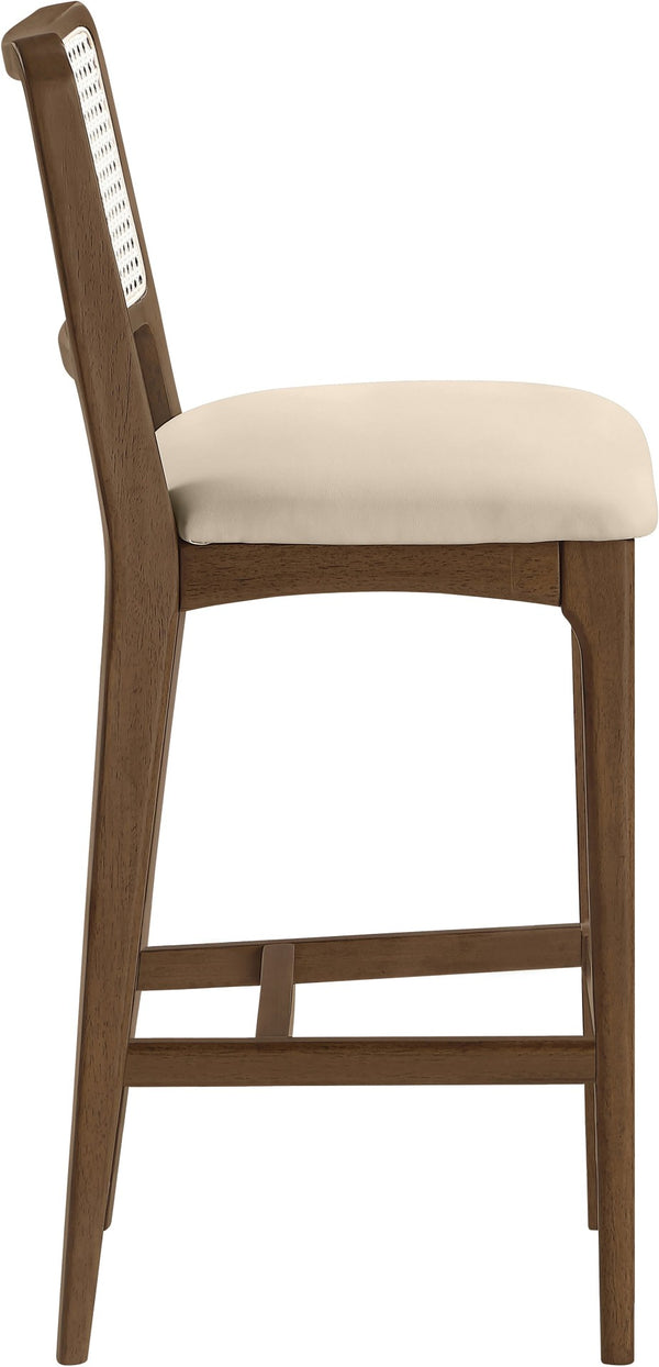 Meridian Furniture Atrium Art Deco Cane Back Bar Stool with Vegan Leather Seat and Cerused Wood Frame Beige Bar Height 77093Beige-C