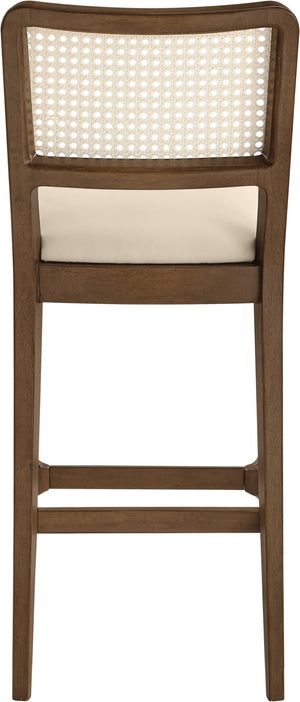 Meridian Furniture Atrium Art Deco Cane Back Bar Stool with Vegan Leather Seat and Cerused Wood Frame Beige Bar Height 77093Beige-C
