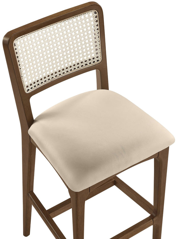 Meridian Furniture Atrium Art Deco Cane Back Bar Stool with Vegan Leather Seat and Cerused Wood Frame Beige Bar Height 77093Beige-C