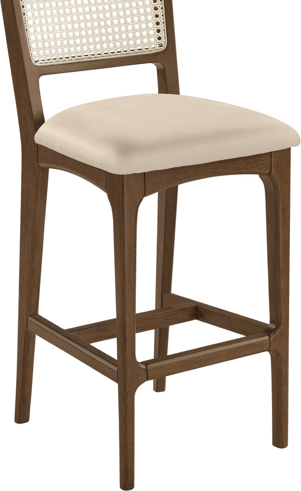 Meridian Furniture Atrium Art Deco Cane Back Bar Stool with Vegan Leather Seat and Cerused Wood Frame Beige Bar Height 77093Beige-C