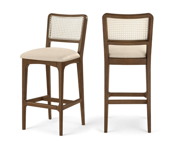 Meridian Furniture Atrium Art Deco Cane Back Bar Stool with Vegan Leather Seat and Cerused Wood Frame Beige Bar Height 77093Beige-C