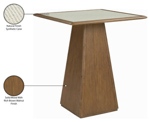 Meridian Furniture Atrium Glass and Cane Top Solid Wood Bar Height Table with Art Deco Sculptural Bistro Base Brown Walnut 77093Brown-T