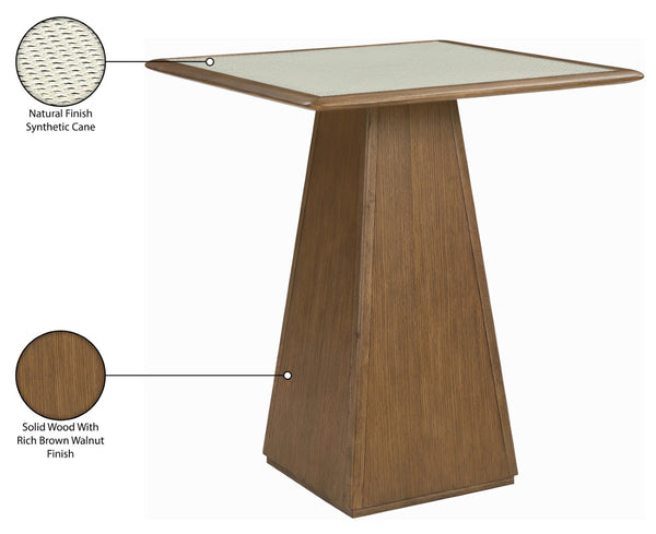 Meridian Furniture Atrium Glass and Cane Top Solid Wood Bar Height Table with Art Deco Sculptural Bistro Base Brown Walnut 77093Brown-T