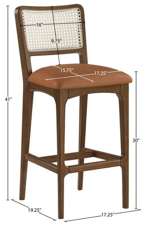 Meridian Furniture Atrium Art Deco Cane Back Bar Stool with Vegan Leather Seat and Cerused Wood Frame Cognac Bar Height 77093Cognac-C