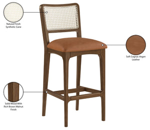 Meridian Furniture Atrium Art Deco Cane Back Bar Stool with Vegan Leather Seat and Cerused Wood Frame Cognac Bar Height 77093Cognac-C
