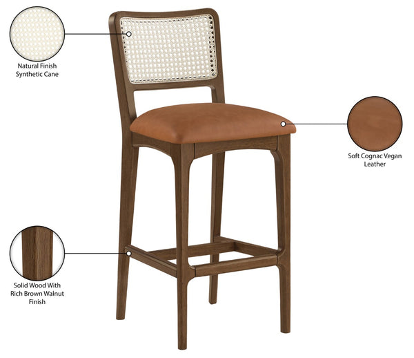 Meridian Furniture Atrium Art Deco Cane Back Bar Stool with Vegan Leather Seat and Cerused Wood Frame Cognac Bar Height 77093Cognac-C