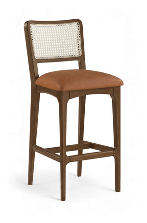 Meridian Furniture Atrium Art Deco Cane Back Bar Stool with Vegan Leather Seat and Cerused Wood Frame Cognac Bar Height 77093Cognac-C