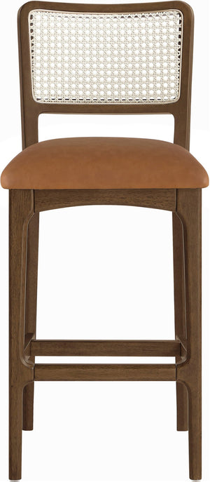 Meridian Furniture Atrium Art Deco Cane Back Bar Stool with Vegan Leather Seat and Cerused Wood Frame Cognac Bar Height 77093Cognac-C