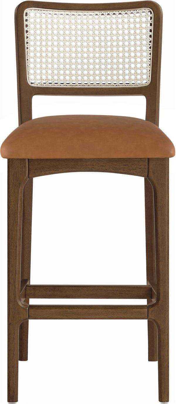 Meridian Furniture Atrium Art Deco Cane Back Bar Stool with Vegan Leather Seat and Cerused Wood Frame Cognac Bar Height 77093Cognac-C