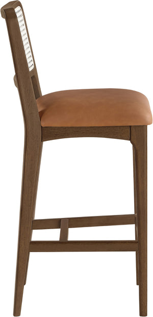Meridian Furniture Atrium Art Deco Cane Back Bar Stool with Vegan Leather Seat and Cerused Wood Frame Cognac Bar Height 77093Cognac-C