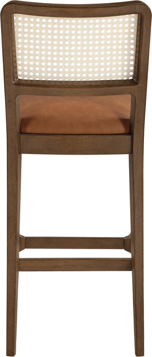 Meridian Furniture Atrium Art Deco Cane Back Bar Stool with Vegan Leather Seat and Cerused Wood Frame Cognac Bar Height 77093Cognac-C