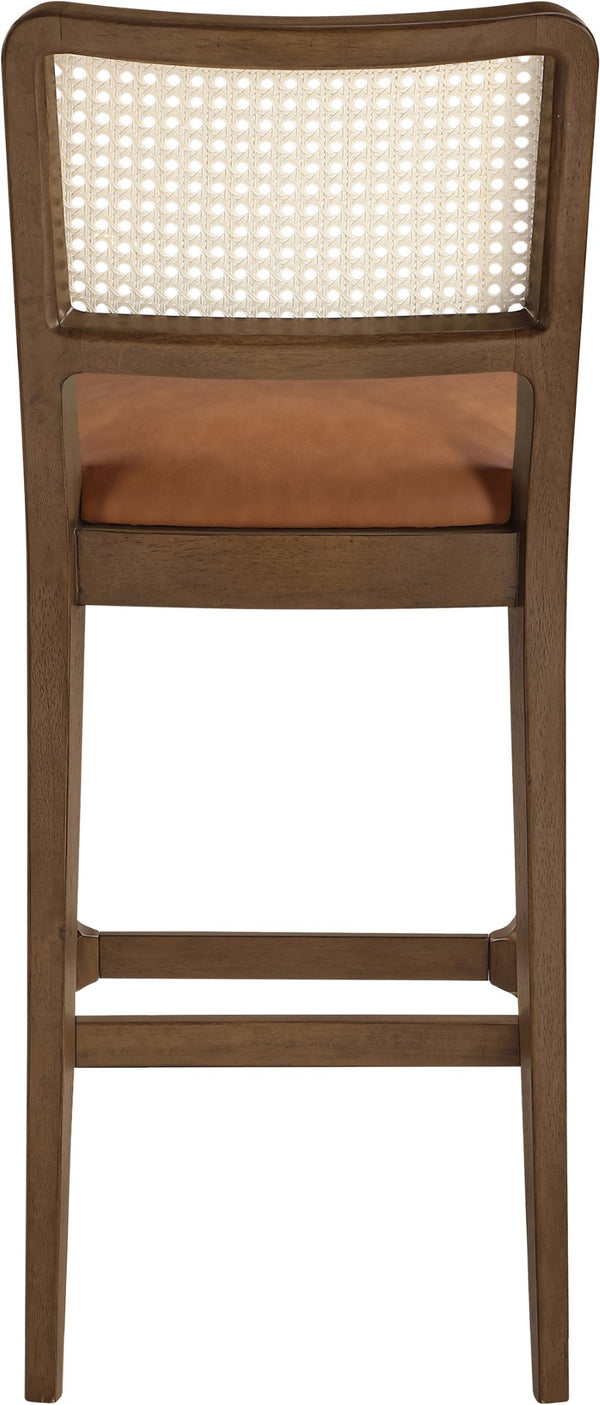 Meridian Furniture Atrium Art Deco Cane Back Bar Stool with Vegan Leather Seat and Cerused Wood Frame Cognac Bar Height 77093Cognac-C
