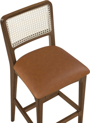 Meridian Furniture Atrium Art Deco Cane Back Bar Stool with Vegan Leather Seat and Cerused Wood Frame Cognac Bar Height 77093Cognac-C