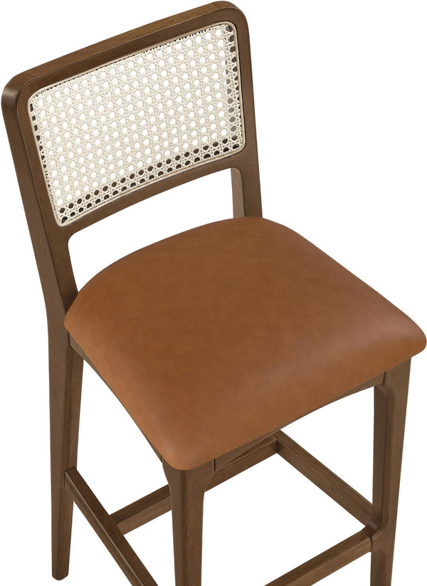 Meridian Furniture Atrium Art Deco Cane Back Bar Stool with Vegan Leather Seat and Cerused Wood Frame Cognac Bar Height 77093Cognac-C