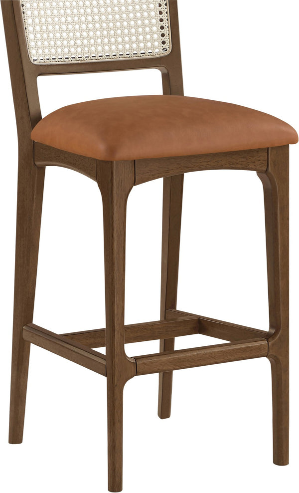 Meridian Furniture Atrium Art Deco Cane Back Bar Stool with Vegan Leather Seat and Cerused Wood Frame Cognac Bar Height 77093Cognac-C