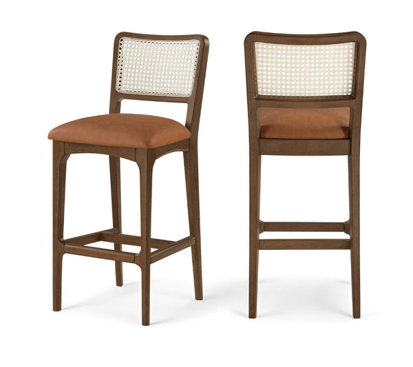 Meridian Furniture Atrium Art Deco Cane Back Bar Stool with Vegan Leather Seat and Cerused Wood Frame Cognac Bar Height 77093Cognac-C