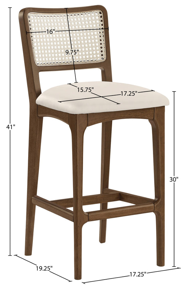 Meridian Furniture Atrium Art Deco Cane Back Bar Stool with Vegan Leather Seat and Cerused Wood Frame Cream Bar Height 77093Cream-C