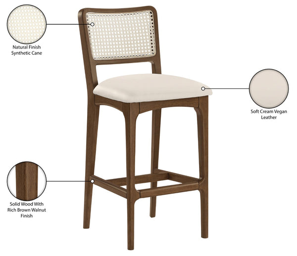 Meridian Furniture Atrium Art Deco Cane Back Bar Stool with Vegan Leather Seat and Cerused Wood Frame Cream Bar Height 77093Cream-C
