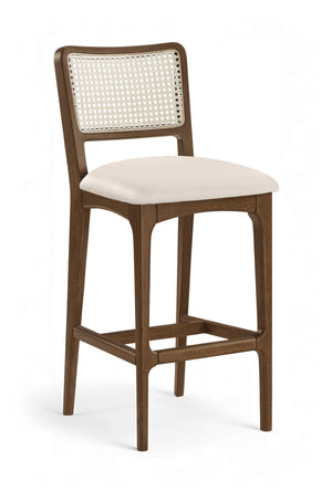 Meridian Furniture Atrium Art Deco Cane Back Bar Stool with Vegan Leather Seat and Cerused Wood Frame Cream Bar Height 77093Cream-C