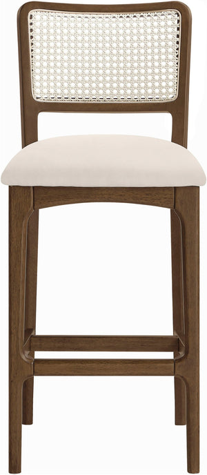 Meridian Furniture Atrium Art Deco Cane Back Bar Stool with Vegan Leather Seat and Cerused Wood Frame Cream Bar Height 77093Cream-C