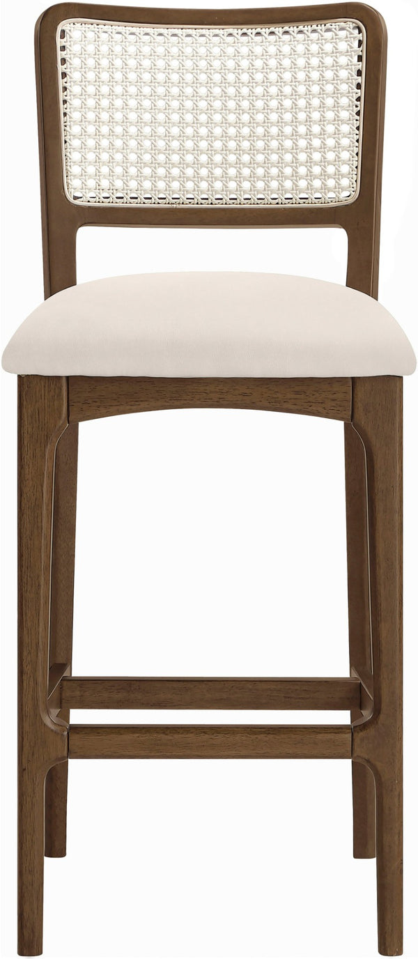 Meridian Furniture Atrium Art Deco Cane Back Bar Stool with Vegan Leather Seat and Cerused Wood Frame Cream Bar Height 77093Cream-C