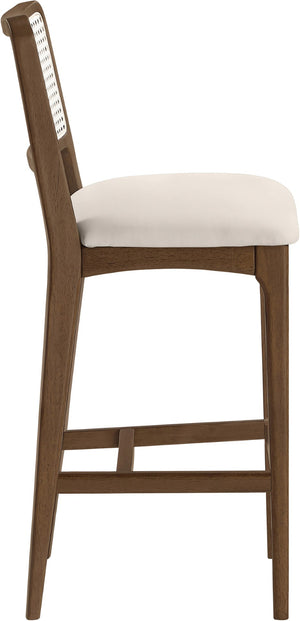 Meridian Furniture Atrium Art Deco Cane Back Bar Stool with Vegan Leather Seat and Cerused Wood Frame Cream Bar Height 77093Cream-C