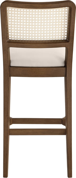 Meridian Furniture Atrium Art Deco Cane Back Bar Stool with Vegan Leather Seat and Cerused Wood Frame Cream Bar Height 77093Cream-C