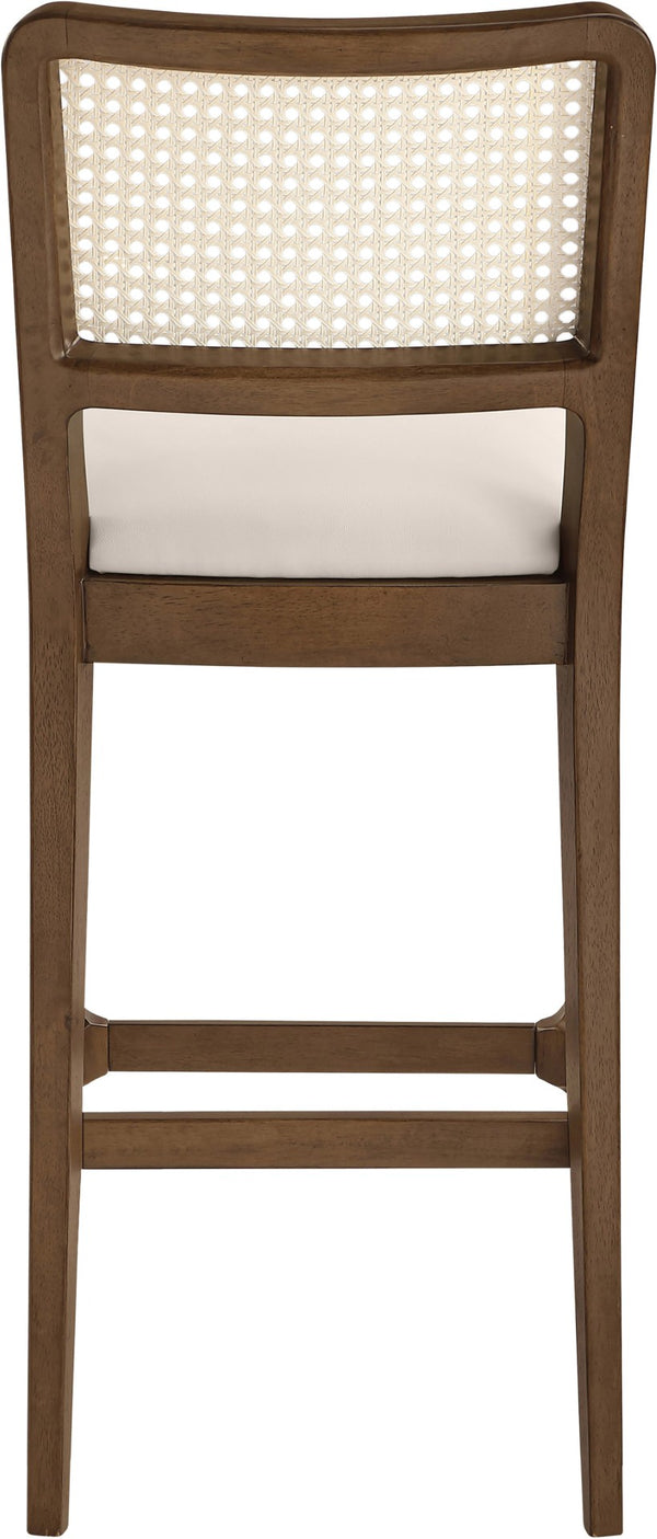 Meridian Furniture Atrium Art Deco Cane Back Bar Stool with Vegan Leather Seat and Cerused Wood Frame Cream Bar Height 77093Cream-C