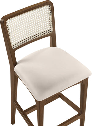Meridian Furniture Atrium Art Deco Cane Back Bar Stool with Vegan Leather Seat and Cerused Wood Frame Cream Bar Height 77093Cream-C