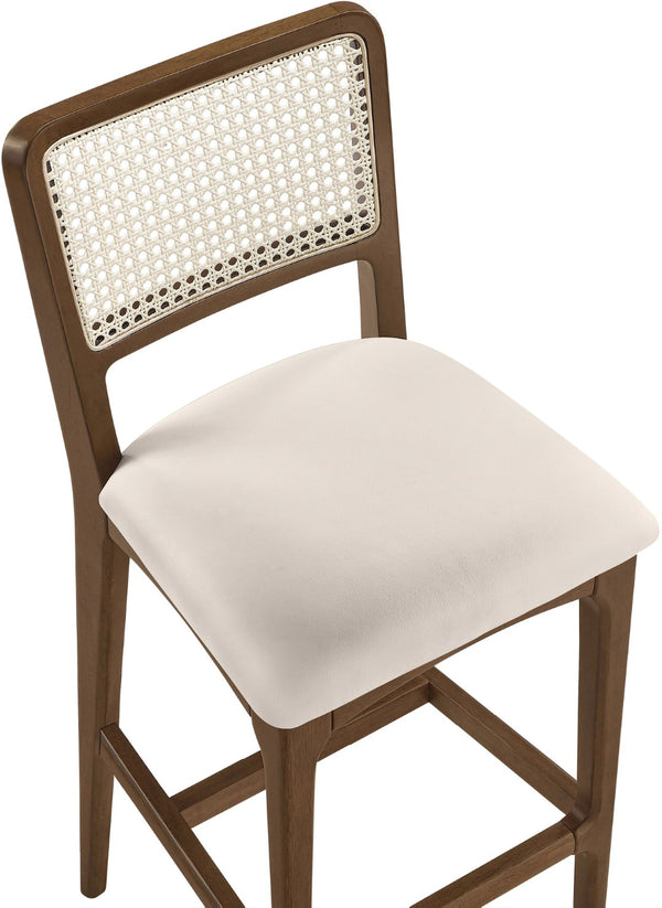 Meridian Furniture Atrium Art Deco Cane Back Bar Stool with Vegan Leather Seat and Cerused Wood Frame Cream Bar Height 77093Cream-C