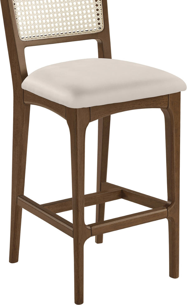 Meridian Furniture Atrium Art Deco Cane Back Bar Stool with Vegan Leather Seat and Cerused Wood Frame Cream Bar Height 77093Cream-C