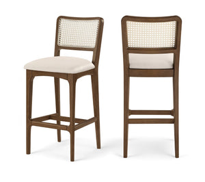 Meridian Furniture Atrium Art Deco Cane Back Bar Stool with Vegan Leather Seat and Cerused Wood Frame Cream Bar Height 77093Cream-C