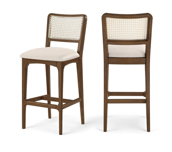 Meridian Furniture Atrium Art Deco Cane Back Bar Stool with Vegan Leather Seat and Cerused Wood Frame Cream Bar Height 77093Cream-C