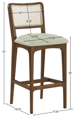 Meridian Furniture Atrium Art Deco Cane Back Bar Stool with Vegan Leather Seat and Cerused Wood Frame Mint Bar Height 77093Mint-C