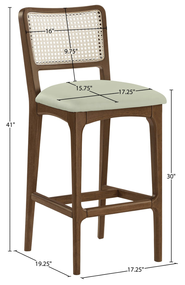 Meridian Furniture Atrium Art Deco Cane Back Bar Stool with Vegan Leather Seat and Cerused Wood Frame Mint Bar Height 77093Mint-C