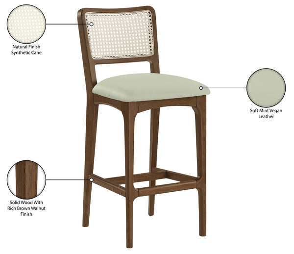 Meridian Furniture Atrium Art Deco Cane Back Bar Stool with Vegan Leather Seat and Cerused Wood Frame Mint Bar Height 77093Mint-C