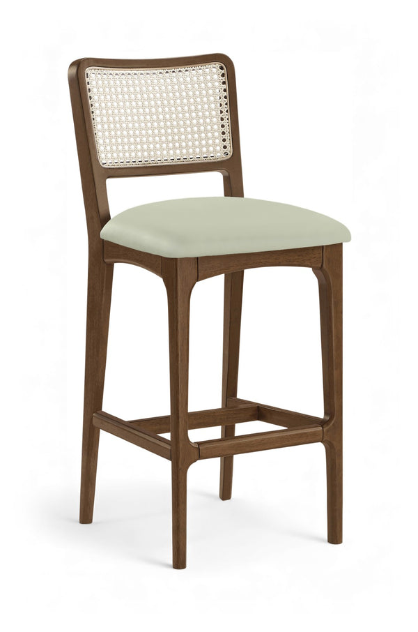 Meridian Furniture Atrium Art Deco Cane Back Bar Stool with Vegan Leather Seat and Cerused Wood Frame Mint Bar Height 77093Mint-C