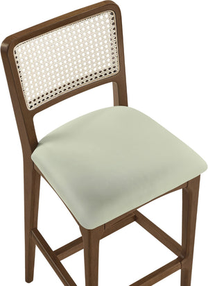 Meridian Furniture Atrium Art Deco Cane Back Bar Stool with Vegan Leather Seat and Cerused Wood Frame Mint Bar Height 77093Mint-C
